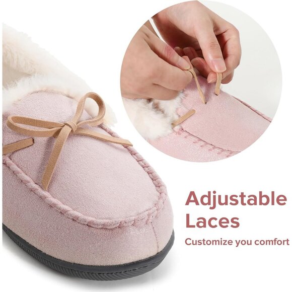 Women's Glittered Moccasin Faux Fur Lining Wrap Rubber Sole Pink Slipper Bootie - Picture 5 of 6